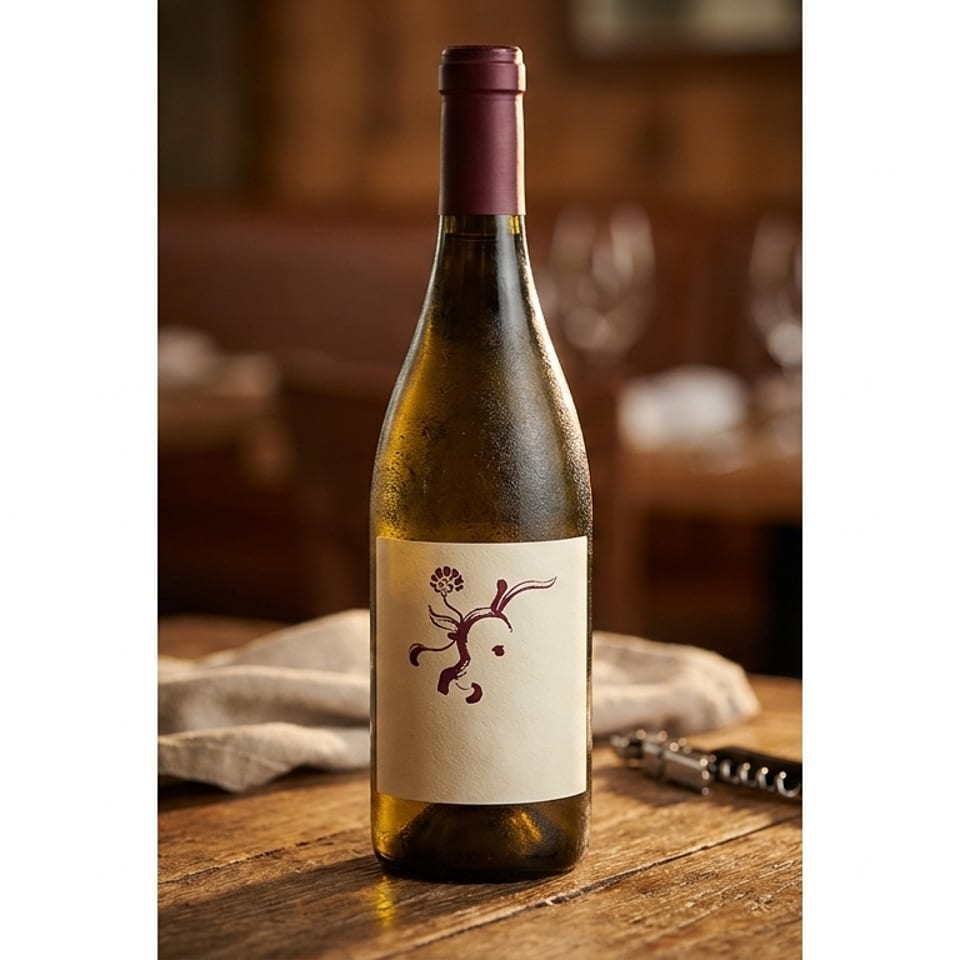 Chilled white wine bottle with a unique label on a wooden table with a corkscrew.
